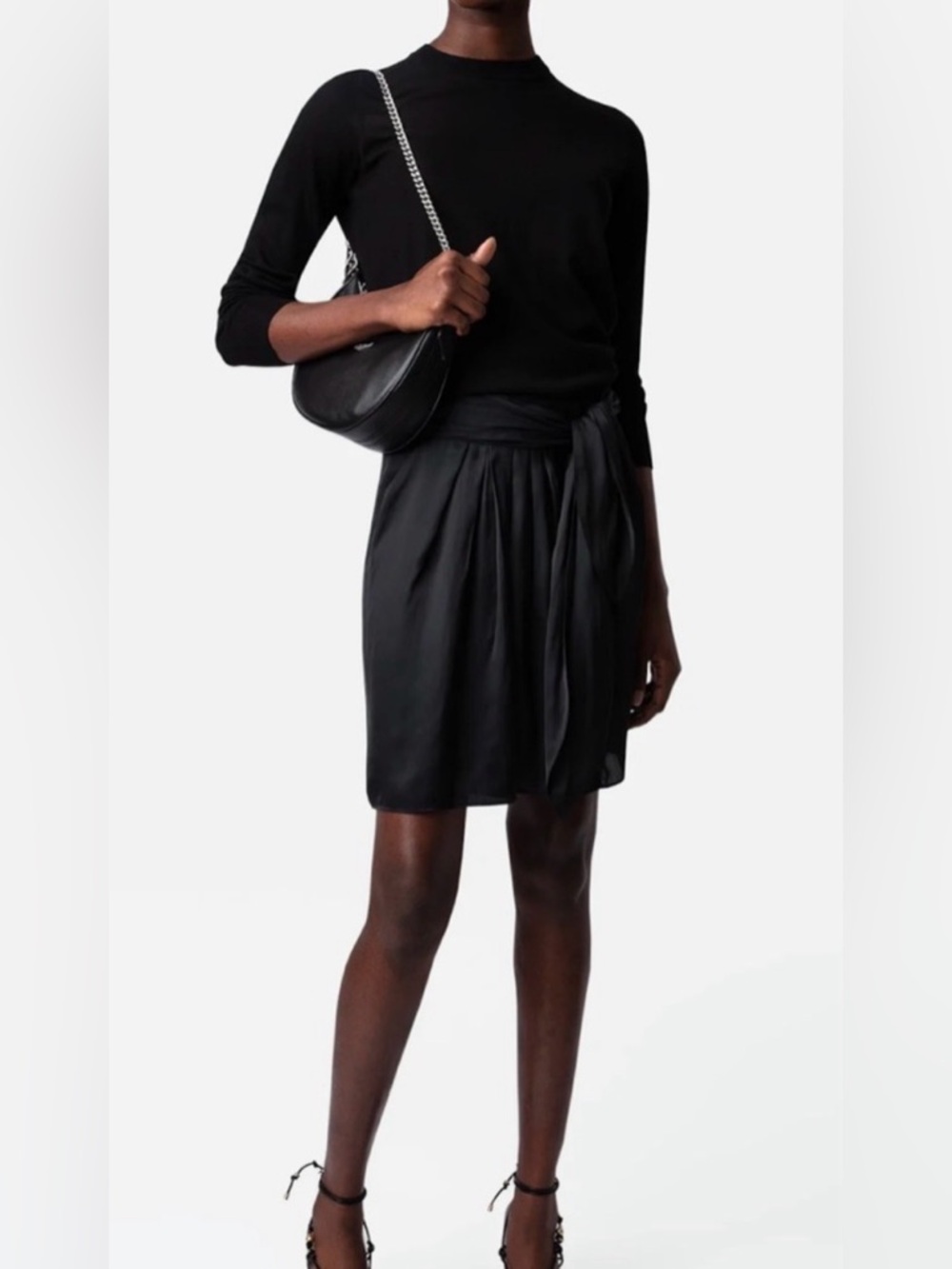 Zadig & Voltaire Joji Satin Mini Skirt Black Tie Waist Size 36 Small New w/ Tag